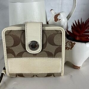 Coach Ivory Cream Beige and‎ Brown Signature Small Wallet